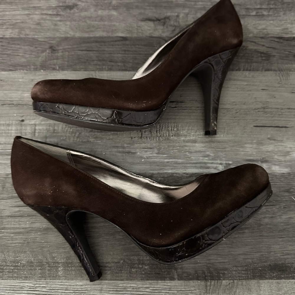 Alfani Chocolate Suede Heels with Croc-Embossed Accents